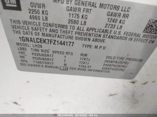 1GNALCEK7FZ144177 Chevrolet EQUINOX LT