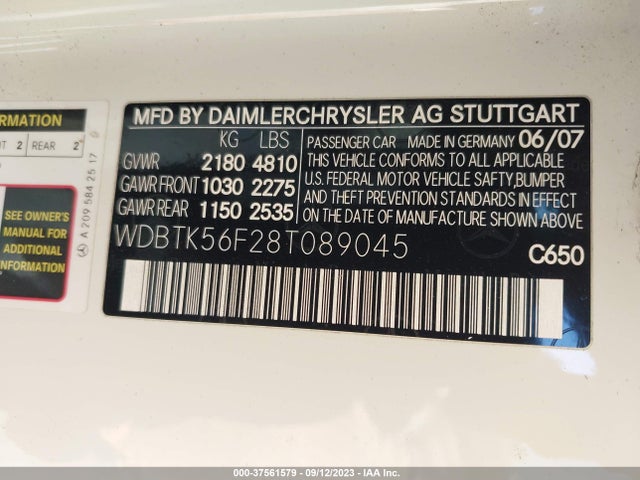 2008 MERCEDES-BENZ CLK-CLASS 3.5L VIN: WDBTK56F28T089045