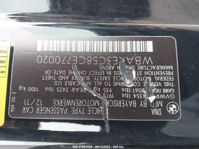 2012 BMW 3 SERIES 328I VIN: WBAKE3C58CE770020