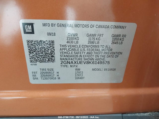 Chevrolet EQUINOX LT 2019 2GNAXUEV8K6149575 Image 9