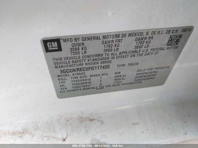 2015 CHEVROLET SILVERADO 1500 LT VIN: 3GCUKREC5FG117435