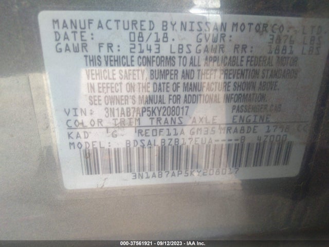 Nissan SENTRA S 2019 3N1AB7AP5KY208017 Image 9