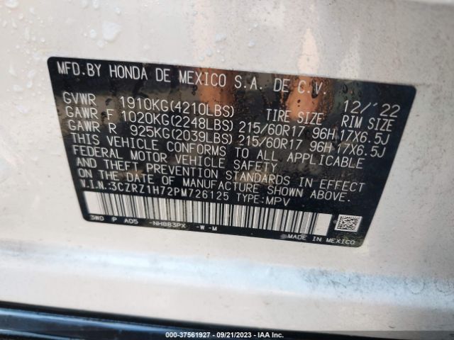 3CZRZ1H72PM726125 Honda Hr-v Ex-l