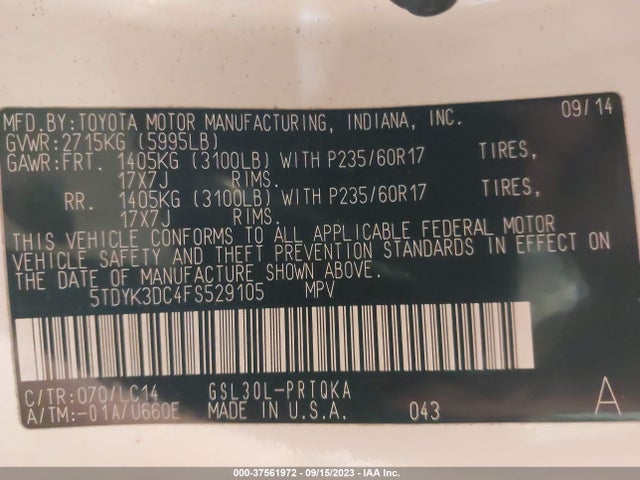2015 TOYOTA SIENNA XLE/XLE AAS/LTD VIN: 5TDYK3DC4FS529105