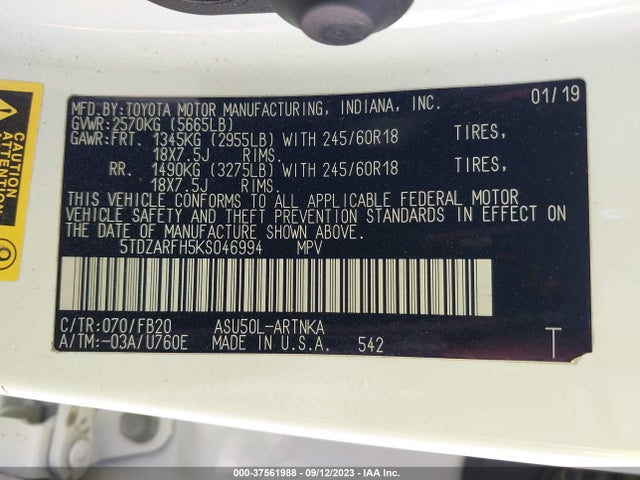 Toyota Highlander Le 2019 5TDZARFH5KS046994 Image 9