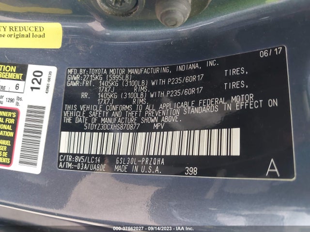 Toyota SIENNA XLE 2017 5TDYZ3DCXHS870877 Image 9