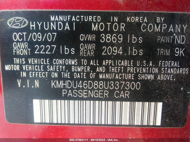 2008 HYUNDAI ELANTRA GLS/SE VIN: KMHDU46D88U337300