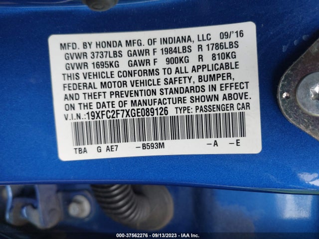 Honda Civic Sedan Ex 2016 19XFC2F7XGE089126 Image 9