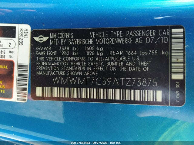 2010 MINI COOPER HARDTOP S VIN: WMWMF7C59ATZ73875
