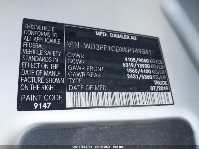 Mercedes-Benz Sprinter 2500 High Roof V6 2019 WD3PF1CDXKP149361 Image 9