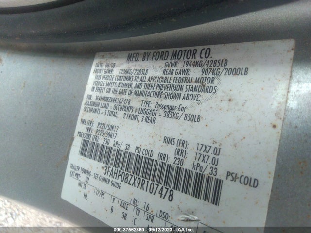 2009 FORD FUSION SEL VIN: 3FAHP08ZX9R107478