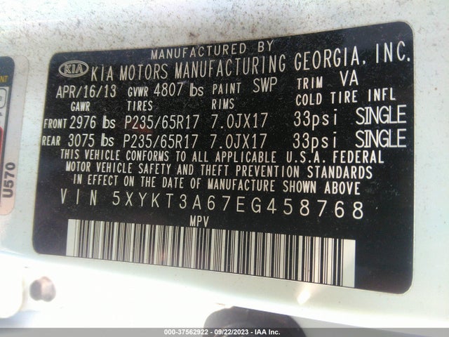 KIA SORENTO LX 2014 5XYKT3A67EG458768 Image 9