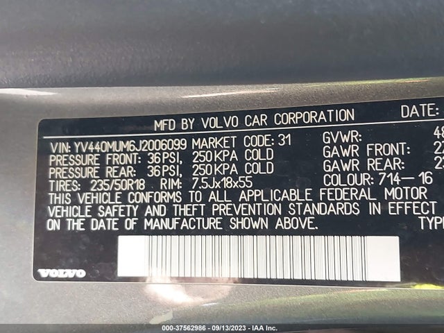 2018 VOLVO S60 CROSS COUNTRY T5 VIN: YV440MUM6J2006099