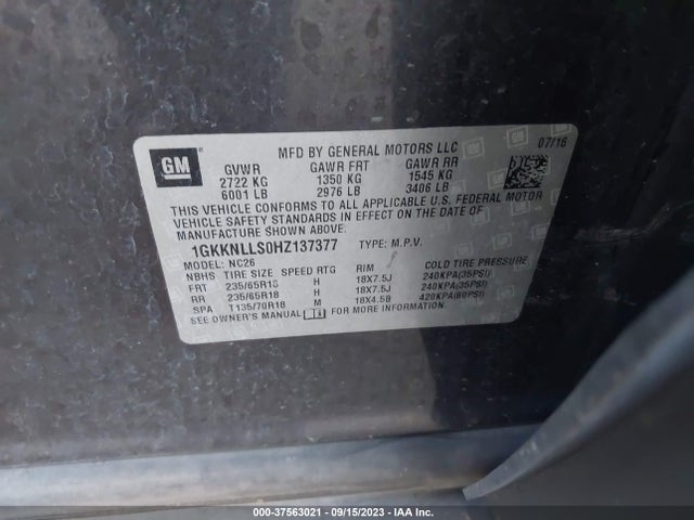 GMC ACADIA SLE 2017 1GKKNLLS0HZ137377 Image 9