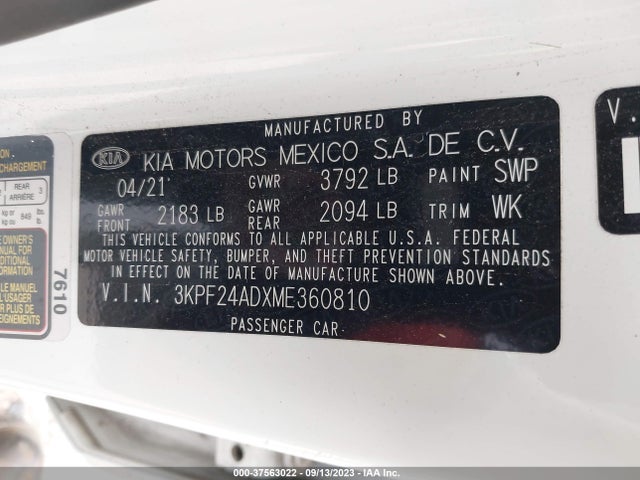 2021 KIA FORTE LXS VIN: 3KPF24ADXME360810
