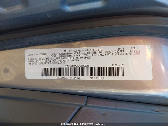 2009 Subaru Tribeca 7-pass Special Edition მანქანა იყიდება აუქციონზე, vin: 4S4WX97DX94405285, აუქციონის ნომერი: 37563125