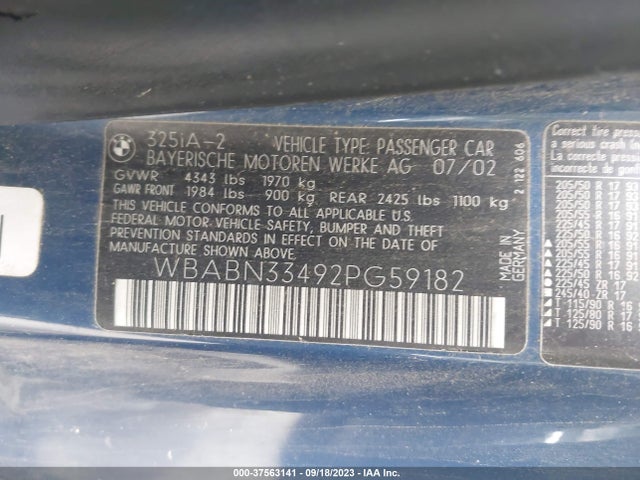 2002 BMW 3 SERIES 325CI VIN: WBABN33492PG59182