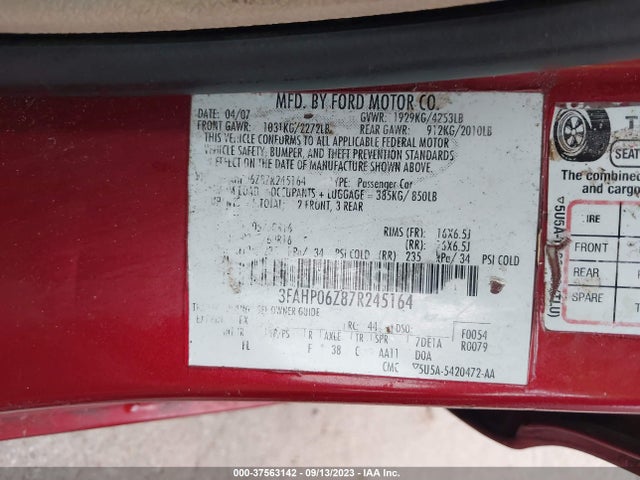2007 MERCURY MILAN PREMIER VIN: 3MEHM08127R601505