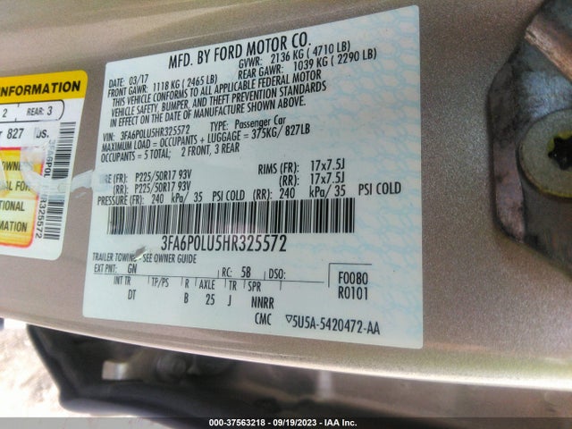 2017 FORD FUSION HYBRID SE VIN: 3FA6P0LU5HR325572