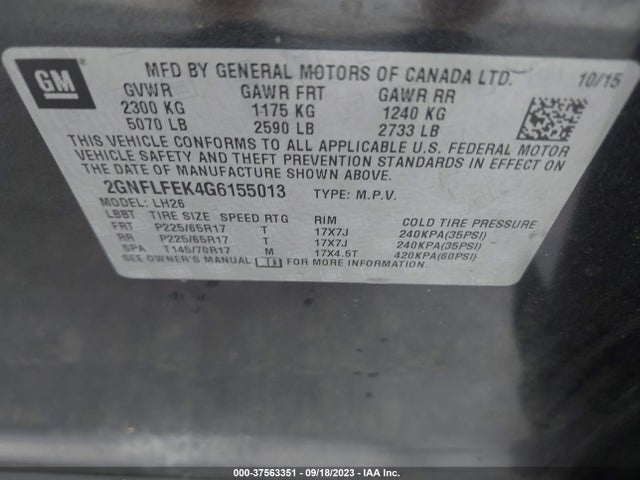 Chevrolet EQUINOX LT 2016 2GNFLFEK4G6155013 Image 9