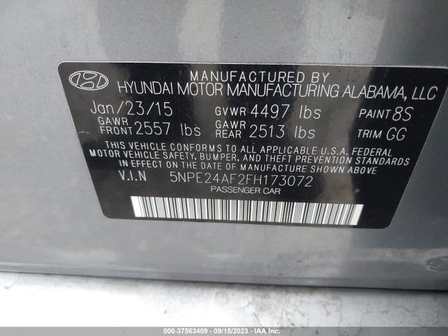 2015 HYUNDAI SONATA 2.4L SE VIN: 5NPE24AF2FH173072