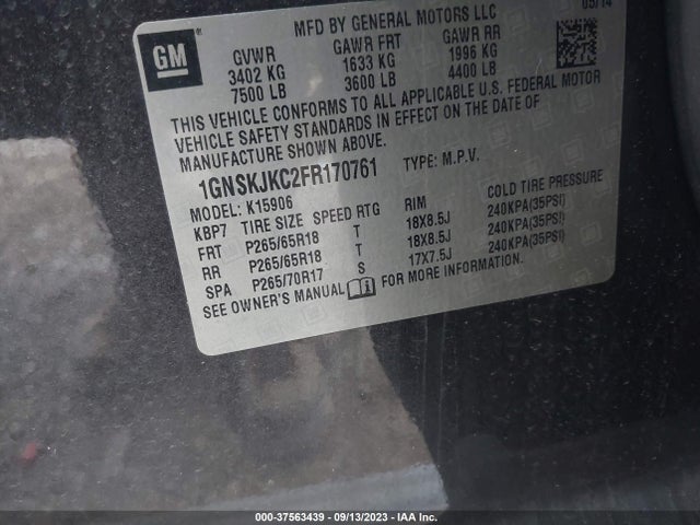 Chevrolet Suburban Lt 2015 1GNSKJKC2FR170761 Image 9