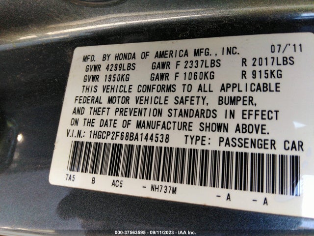 2011 HONDA ACCORD SDN SE VIN: 1HGCP2F68BA144538