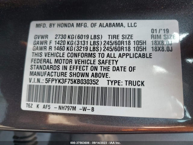 Honda Ridgeline Rtl-e 2019 5FPYK3F75KB030352 Image 9