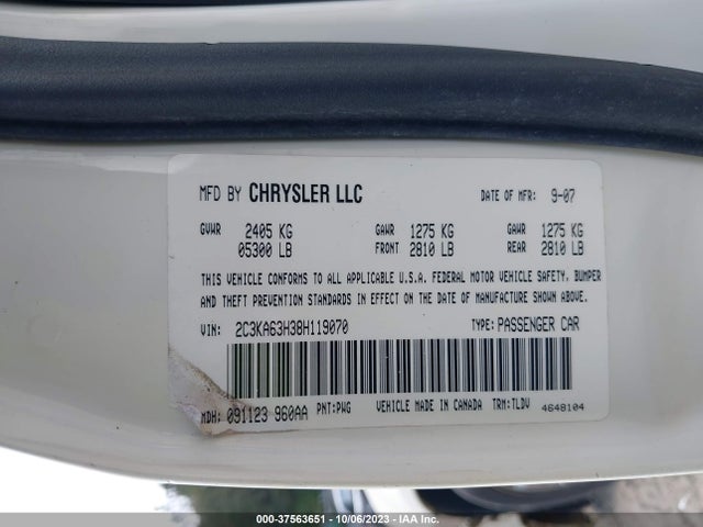 2008 CHRYSLER 300 C HEMI VIN: 2C3KA63H38H119070