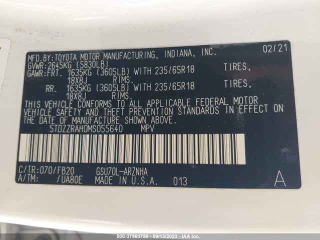 Toyota Highlander L/le 2021 5TDZZRAH0MS055640 Image 9