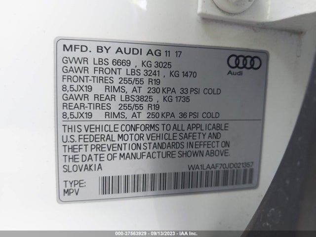 2018 AUDI Q7 PREMIUM PLUS VIN: WA1LAAF70JD021357