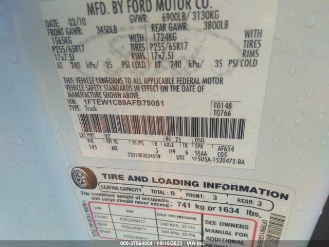 2009 FORD F-150 XLT/LARIAT/XL VIN: 1FTPW12V69KA39785