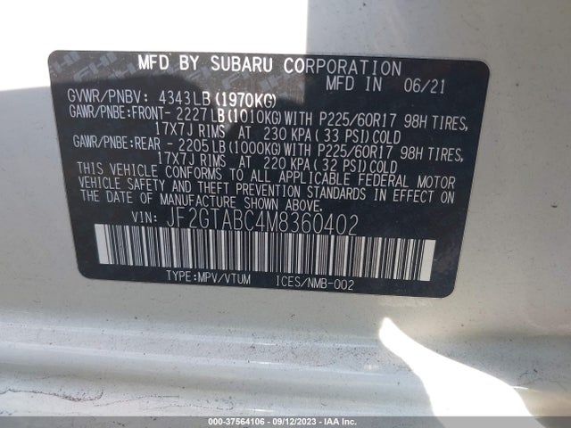 Subaru CROSSTREK 2021 JF2GTABC4M8360402 Image 9