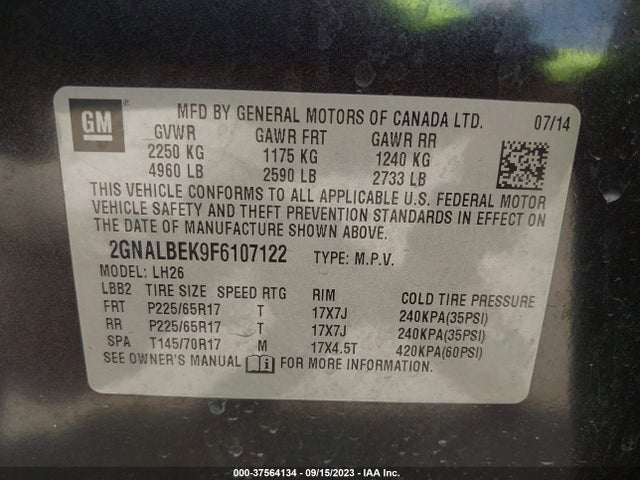 Chevrolet EQUINOX LT 2015 2GNALBEK9F6107122 Image 9