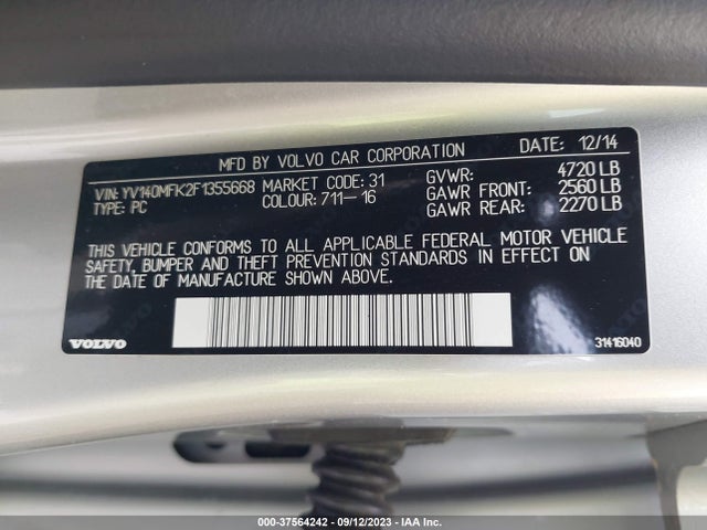 2015 VOLVO S60 T5 DRIVE-E PREMIER VIN: YV140MFK2F1355668