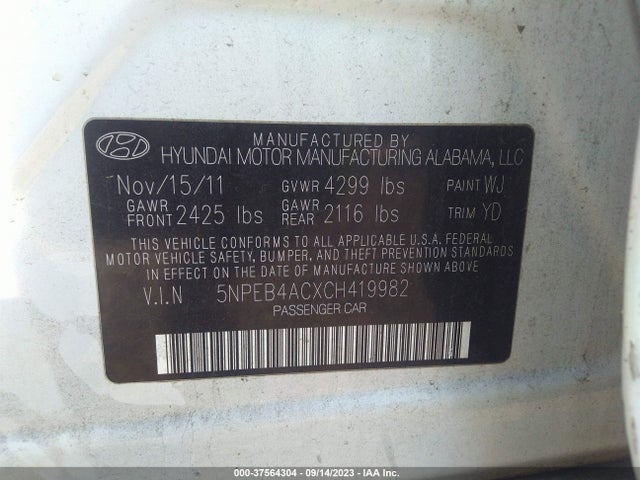 2012 HYUNDAI SONATA GLS VIN: 5NPEB4ACXCH419982