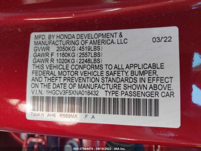 1HGCV3F5XNA018432 Honda Accord Hybrid Ex-l