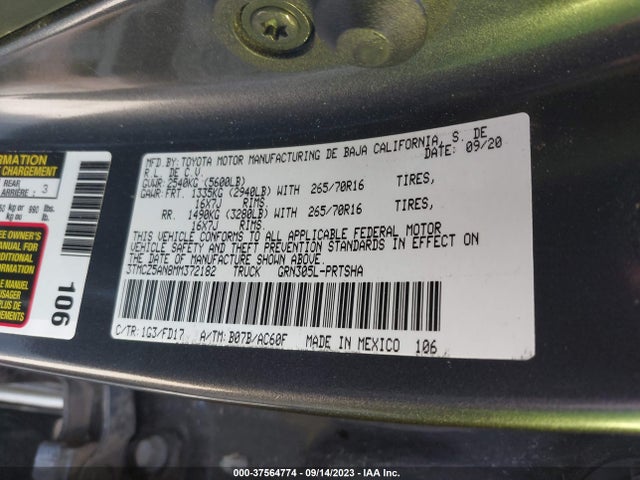 2021 TOYOTA TACOMA 4WD SR/SR5/TRD SPORT VIN: 3TMCZ5AN8MM372182