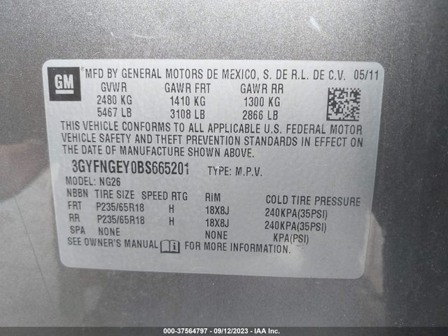 2011 CADILLAC SRX BASE VIN: 3GYFNGEY0BS665201