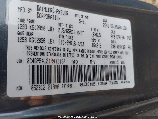 2001 CHRYSLER TOWN & COUNTRY LXI VIN: 2C4GP54L21R413184