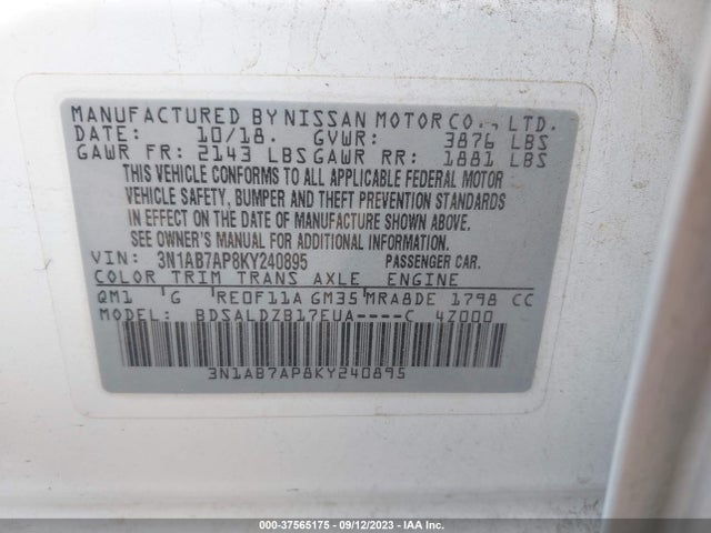 2019 NISSAN SENTRA SV VIN: 3N1AB7AP8KY240895