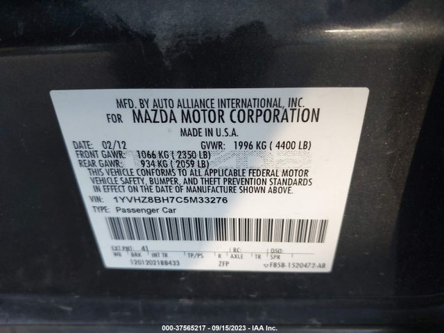 2012 MAZDA MAZDA6 I SPORT VIN: 1YVHZ8BH7C5M33276