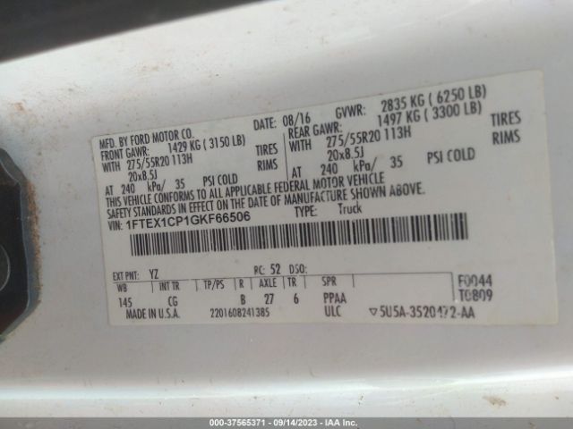 1FTEX1CP1GKF66506 Ford F-150 Xl/lariat/xlt