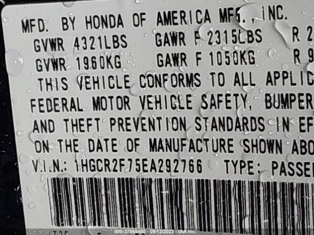 1HGCR2F75EA292766 Honda Accord Sedan Ex