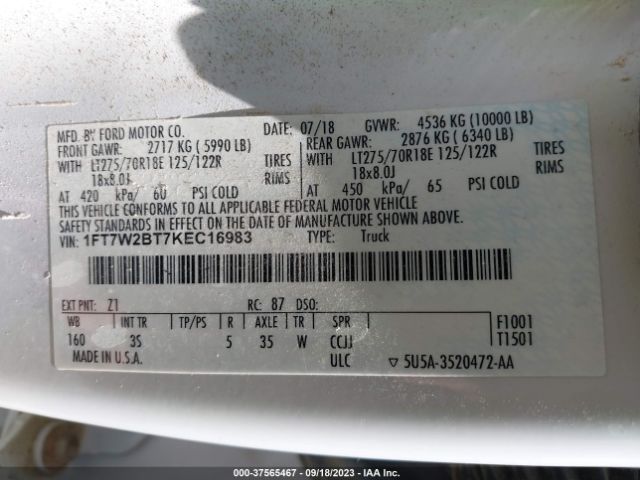 1FT7W2BT7KEC16983 Ford Super Duty F-250 Srw Xl/xlt/lariat