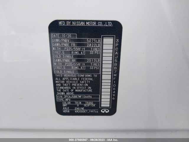 3PCAJ5BB7MF106496 Infiniti Qx50 Luxe