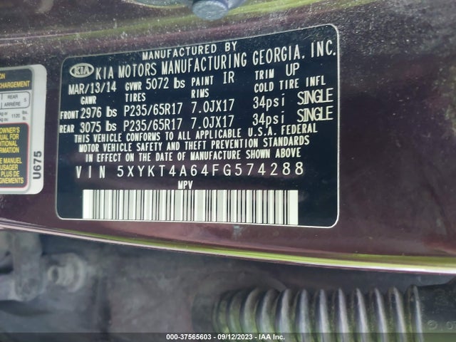 KIA SORENTO LX 2015 5XYKT4A64FG574288 Image 9
