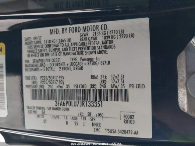3FA6P0LU7JR133351 Ford Fusion Hybrid Se