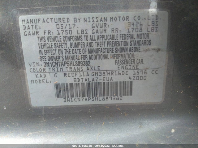 Nissan Versa Sedan S Plus 2017 3N1CN7AP5HL889382 Image 9