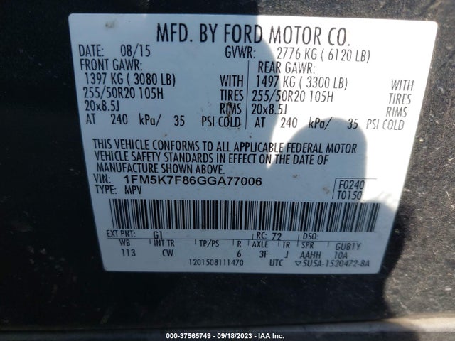 Ford Explorer Limited 2016 1FM5K7F86GGA77006 Image 9
